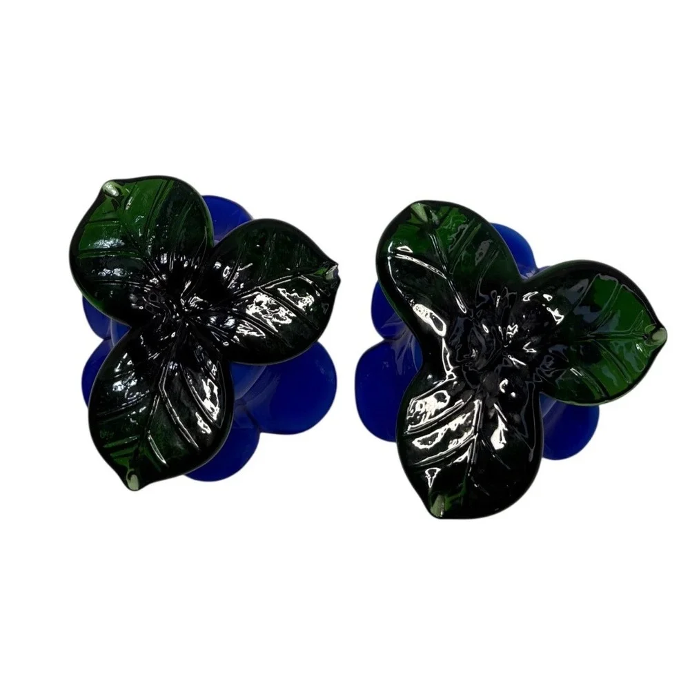 Cobalt Blue Glass Flower Candle Holders Green Leaf Base Set of 2 Vintage